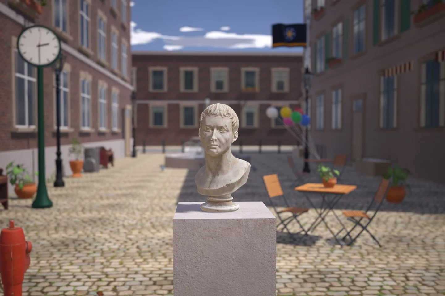 Marble bust with a softly blurred plaza behind