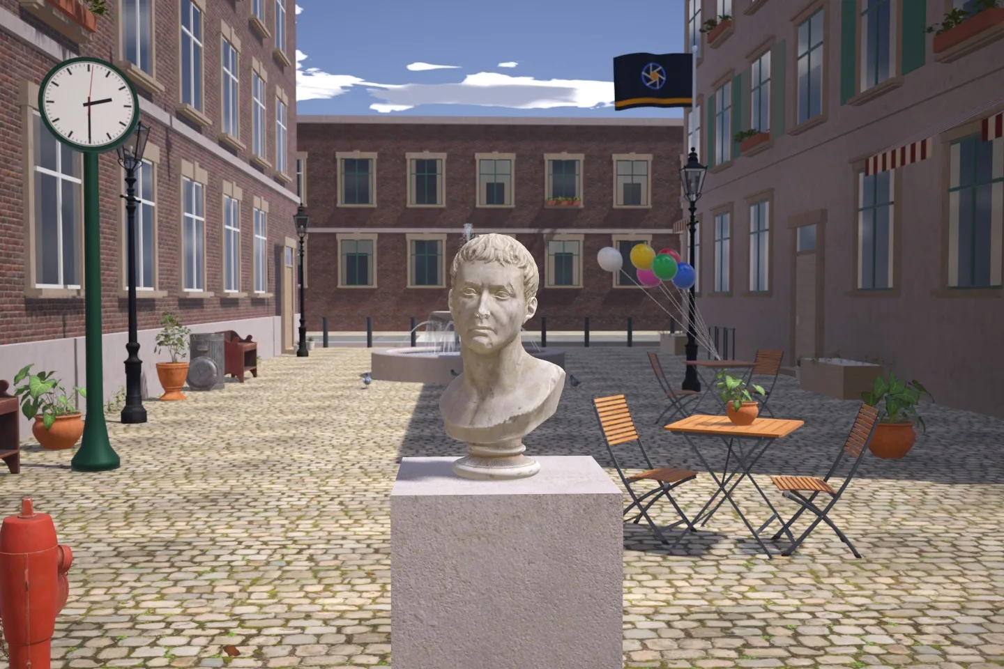 The same bust with the plaza behind it almost sharp