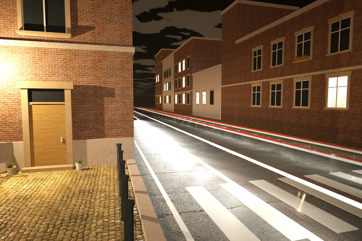 Night road where passing cars have become streaks of white and red light sweeping into the distance