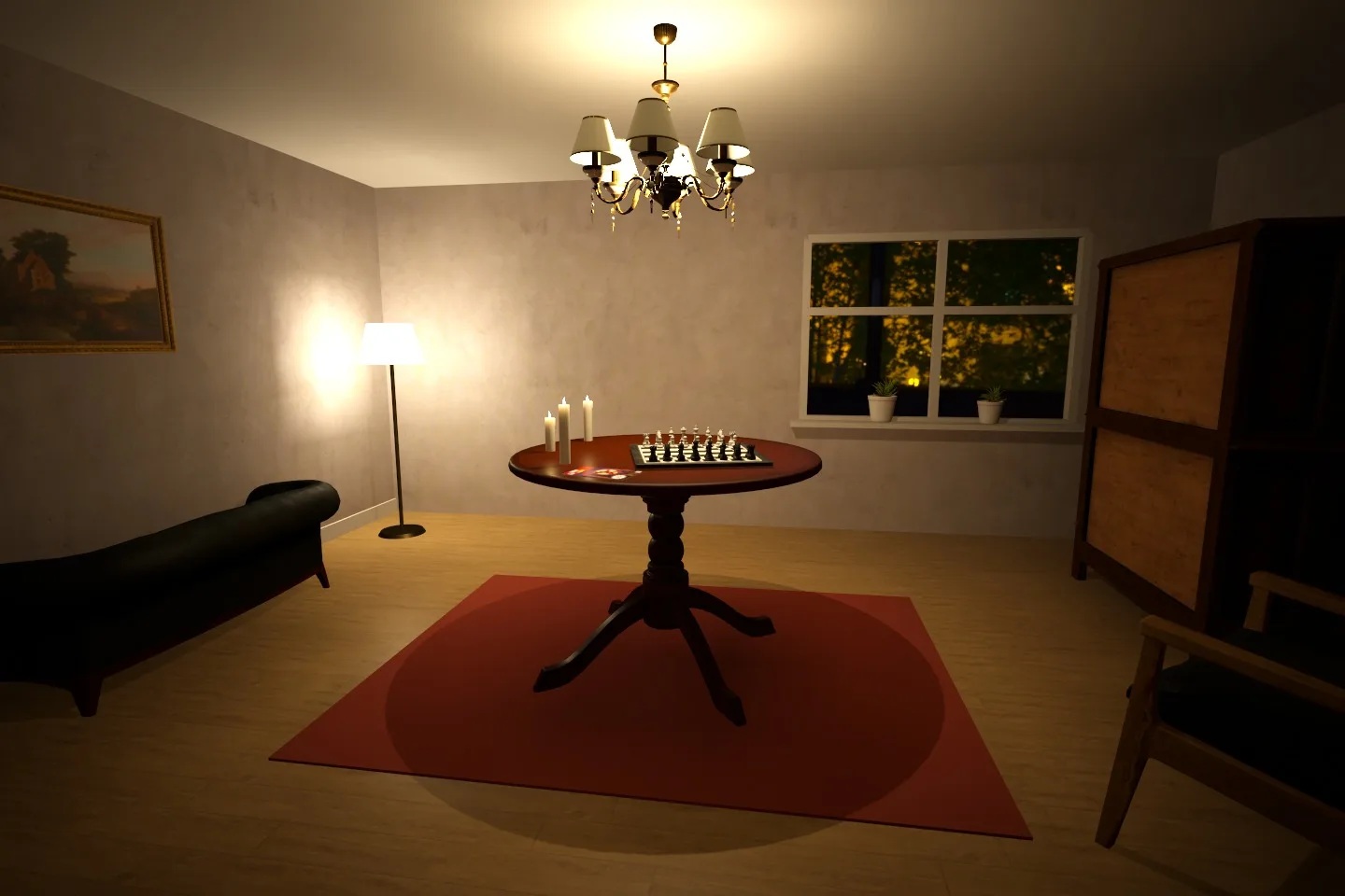 Living room at night lit by a chandelier and a floor lamp