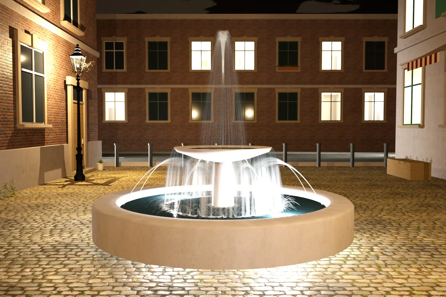 Night fountain with blurred water from a long exposure
