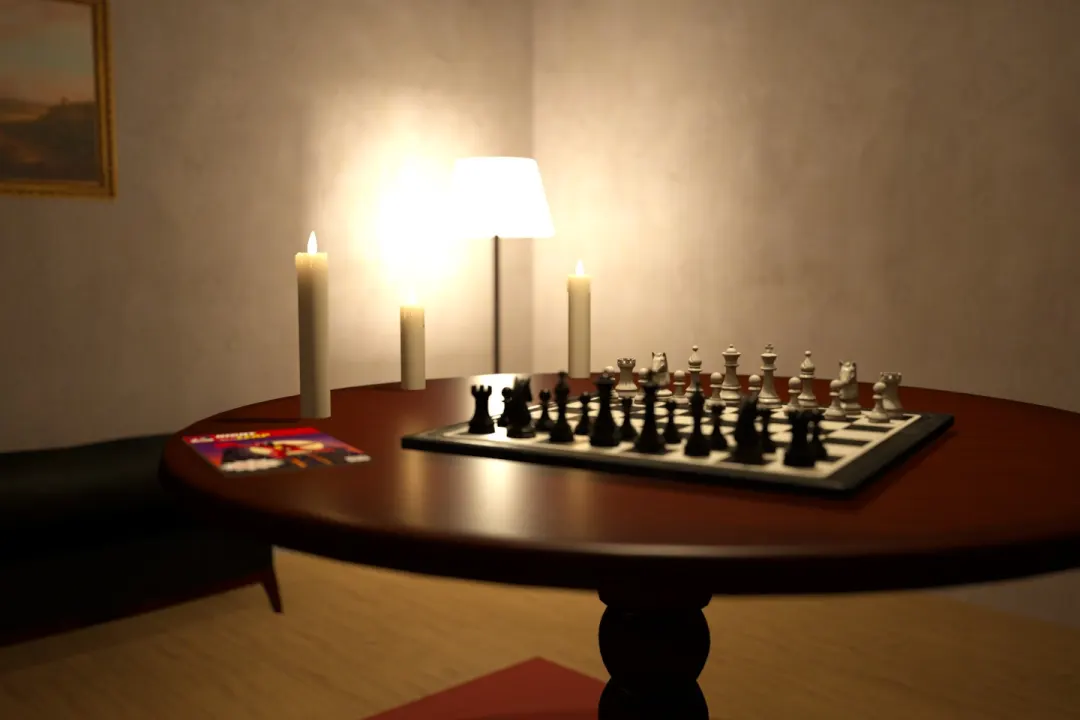 A living room at night, lit by lamps and candles.