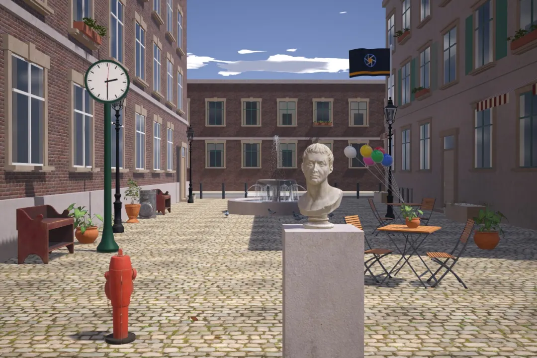 A sunny plaza in Auto mode. The scene stores real brightness values, and the camera turns them into a photo the way a real one does.