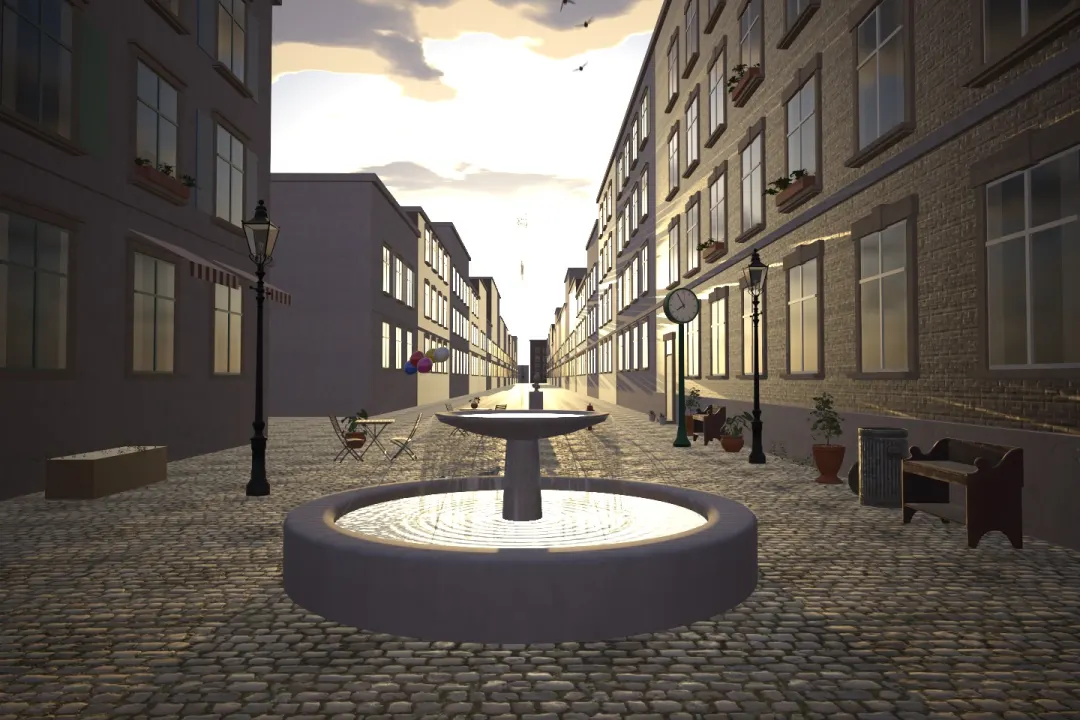 Plaza at sunset, the sun low at the end of the street.