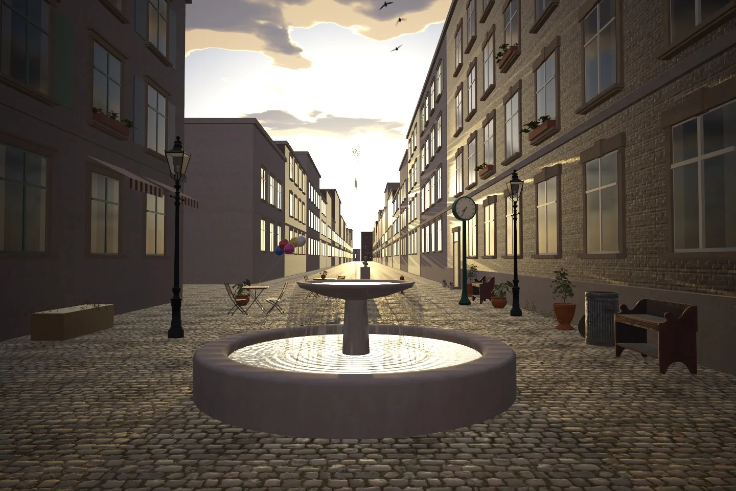 Plaza at sunset with a bright pale sky