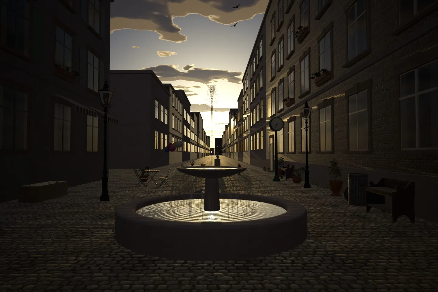 The same plaza darker, with a deep orange sky and dark buildings